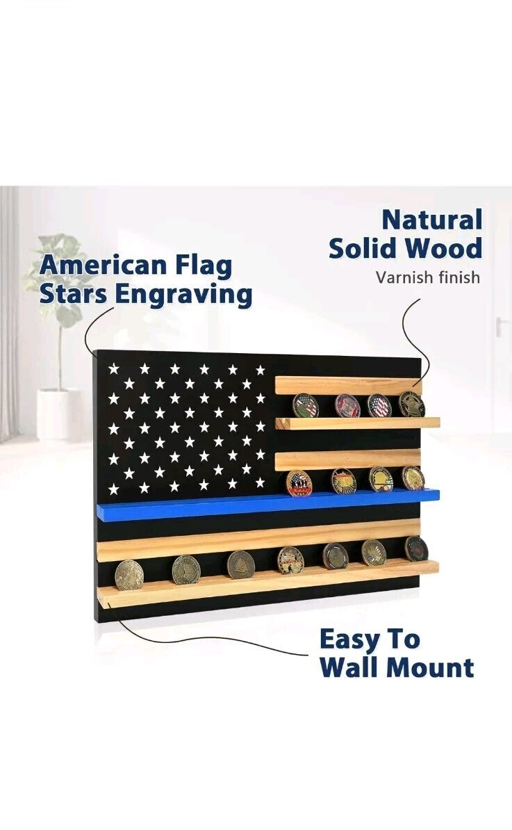 Thin Blue Line American Flag Wood Display Case Coin Holder Handmade Copper Coin 20"x 13"