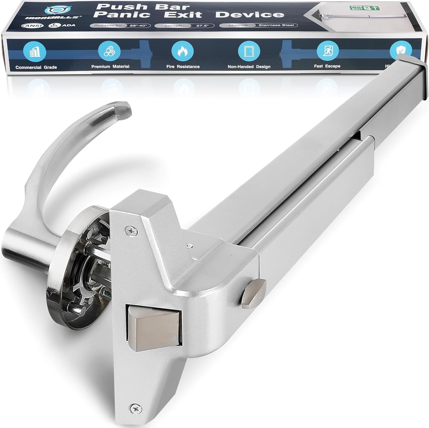 IRONWALLS Door Push Bar Panic Exit Device with Exterior Lever, 70cm/27.5” Stainl