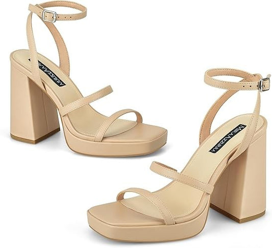 MIRAAZZURRA Platform Strappy Heel Sandals Square Open Toe Two Strap Heels SZ 8
