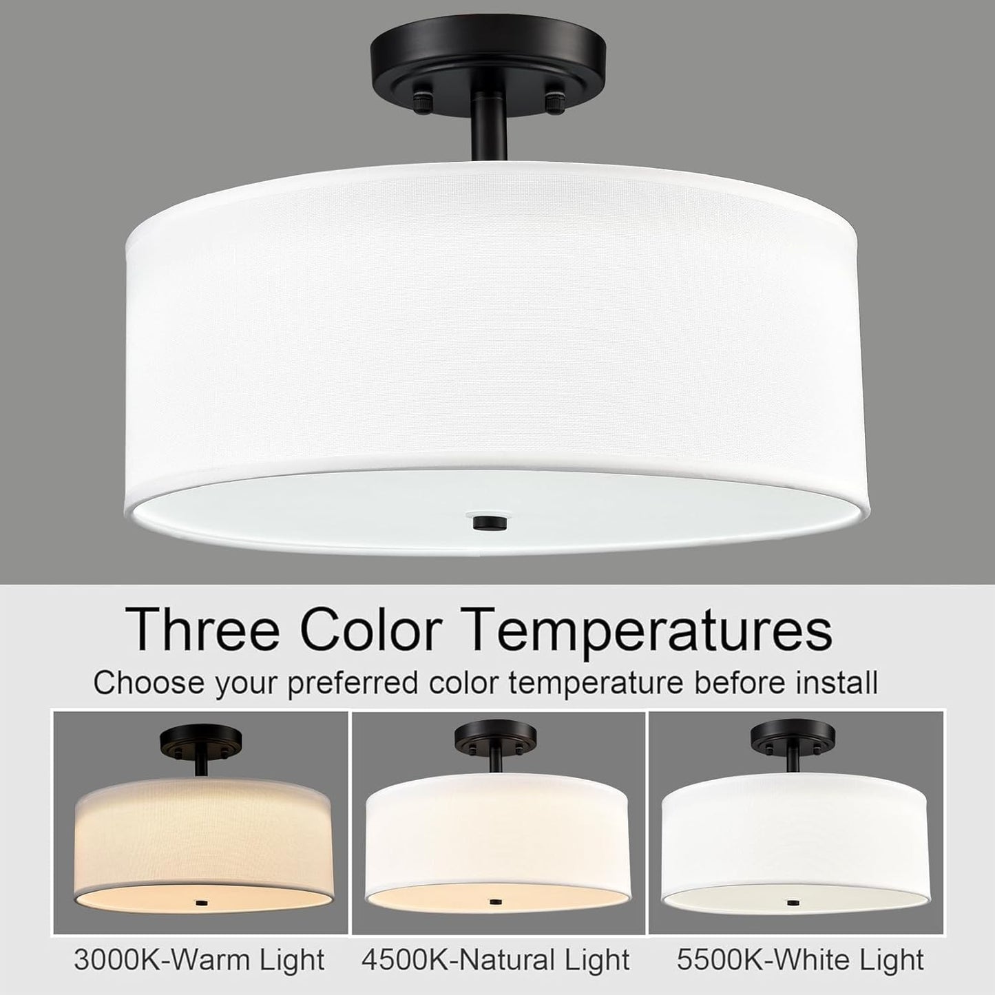 Dimmable Black Semi Flush Mount Ceiling Light 30W 3000K/4500K/5500K Drum Shade