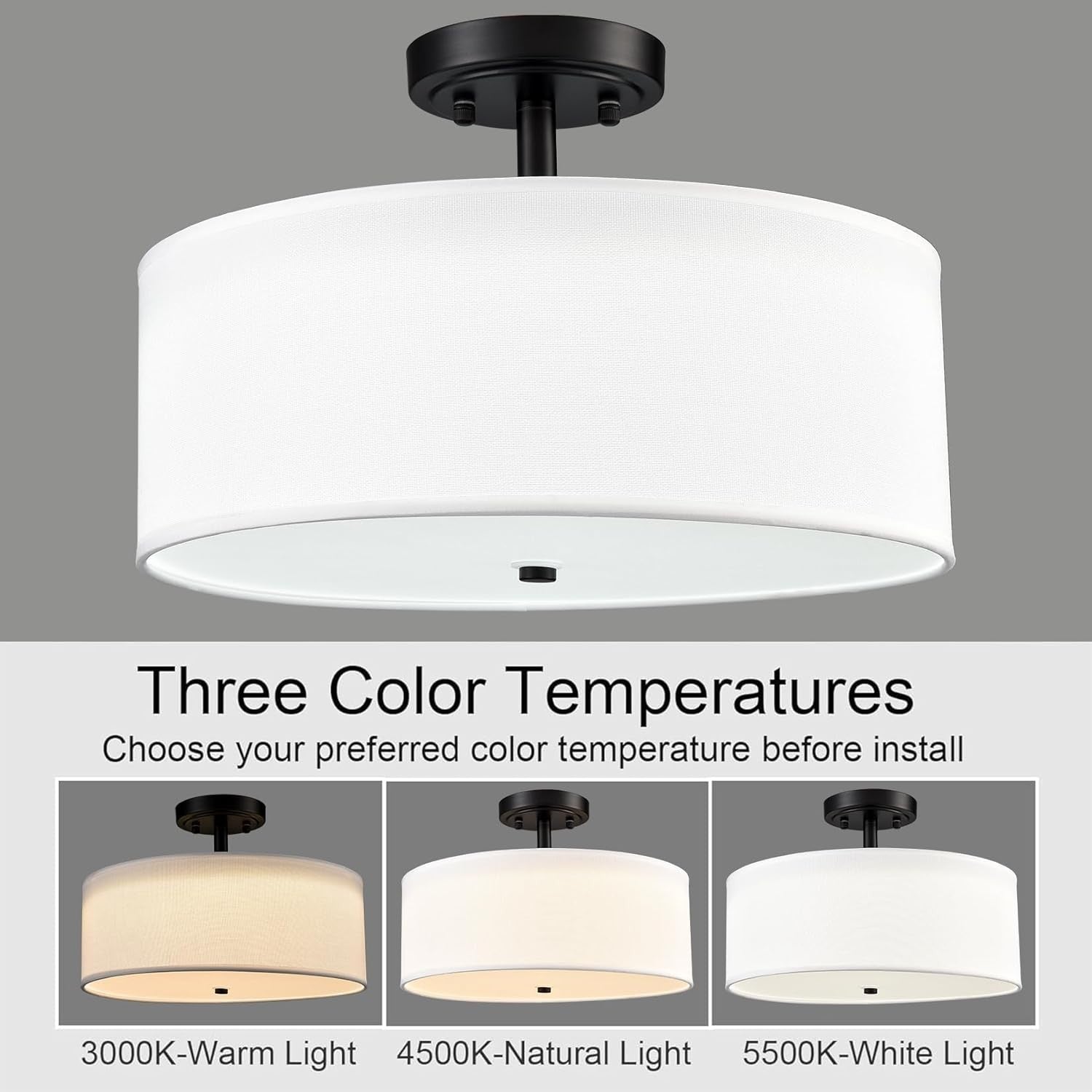 Dimmable Black Semi Flush Mount Ceiling Light 30W 3000K/4500K/5500K Drum Shade