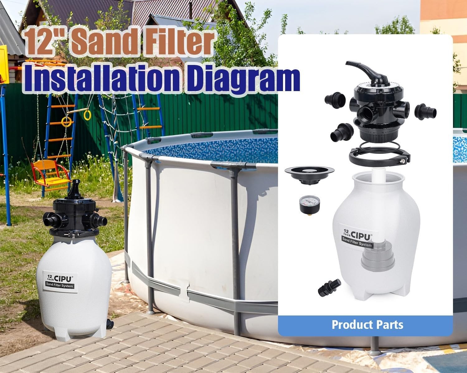 12-inch Sand Filter Pump System Handy 4-Way Valve for Above Ground Swimming Pool