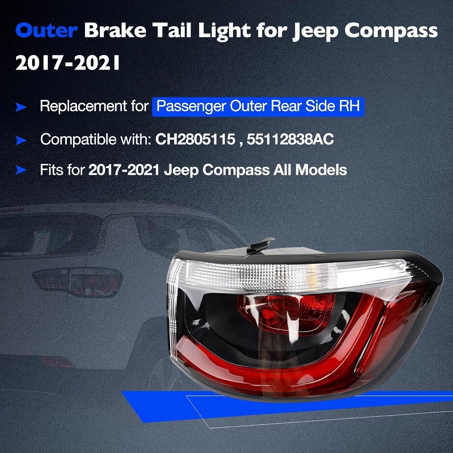 Right Outer Tail Light Fit for Jeep Compass 2017-2021 CH2805115 55112838AC