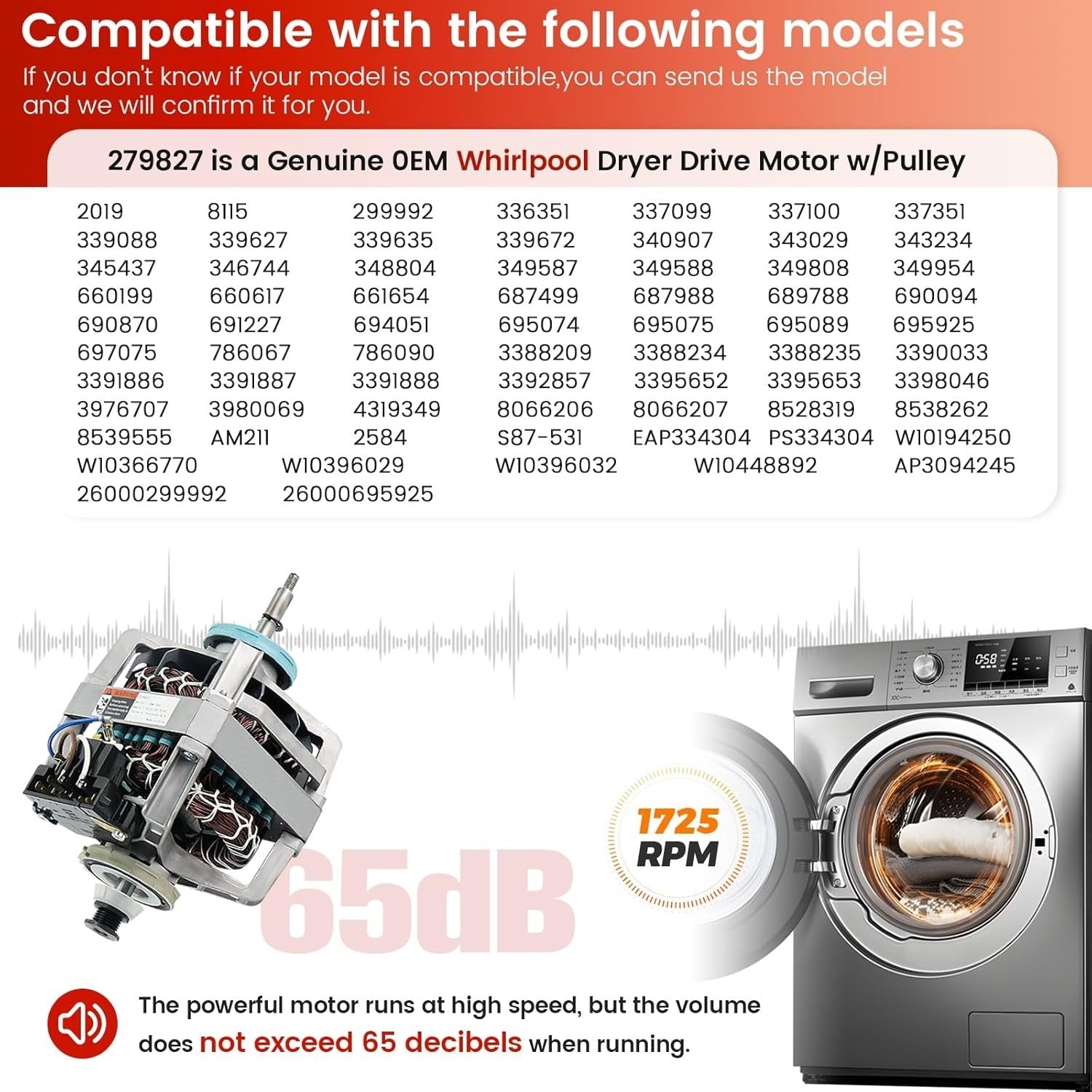 0EM 279827 Dryer Drive Motor with Pulley (Upgraded Blower Shaft Length)