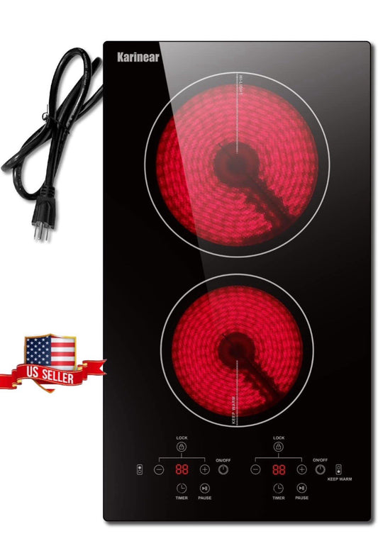 Karinear 2 Burners Electric Cooktop, 120v Plug in Ceramic Cooktop, 12 Inch Co...