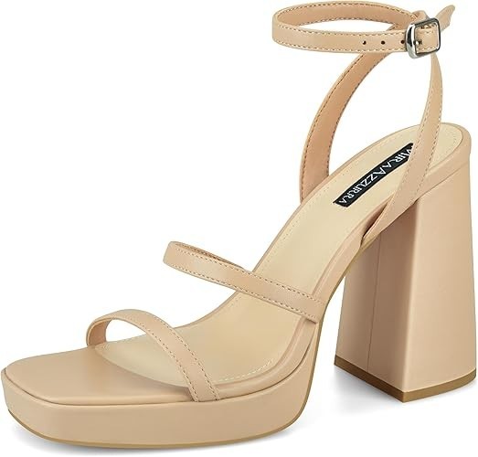 MIRAAZZURRA Platform Strappy Heel Sandals Square Open Toe Two Strap Heels SZ 8