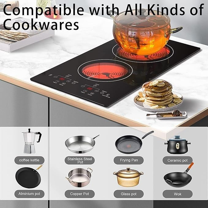 Karinear 2 Burners Electric Cooktop, 120v Plug in Ceramic Cooktop, 12 Inch Co...