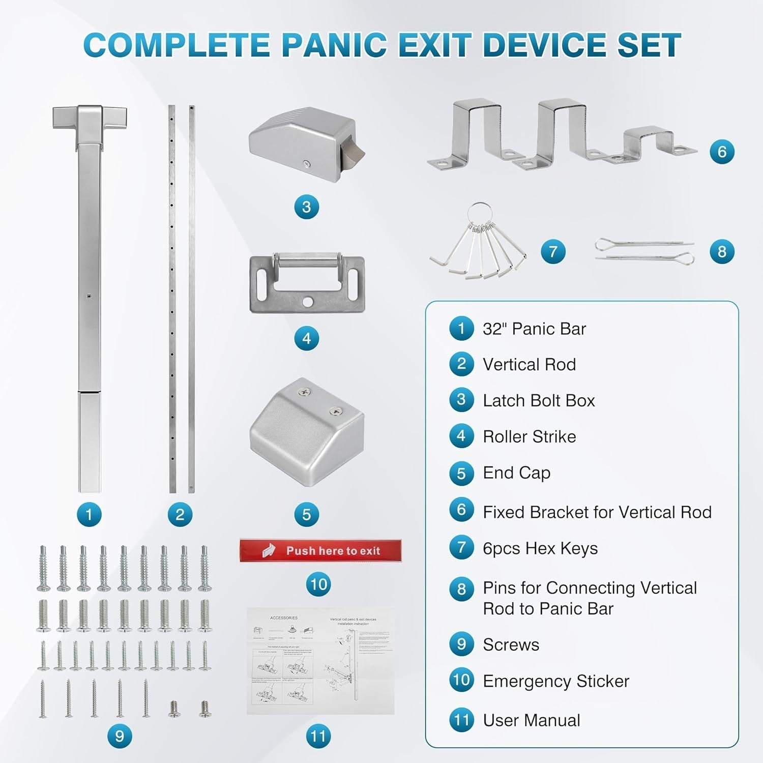 IRONWALLS Panic Bar Vertical Rod 32" Emergency Door Push Exit Device 32"-48”
