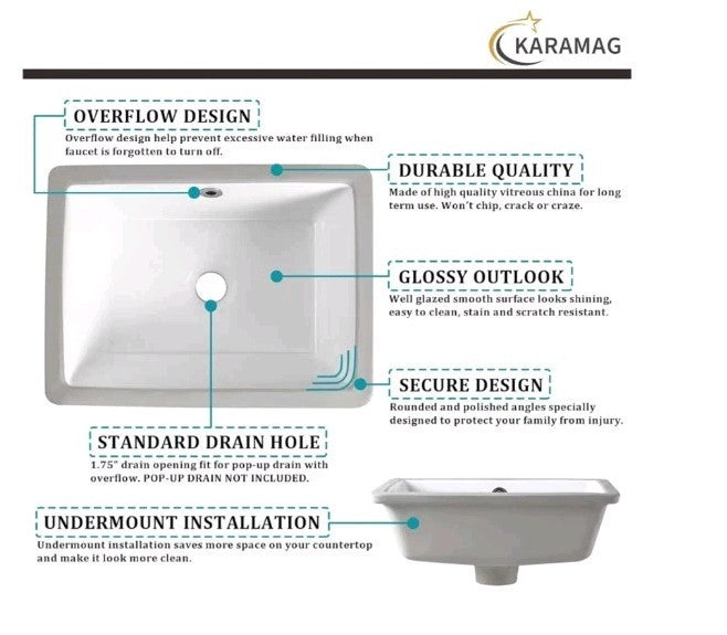 18 Inch Undermount Bathroom Sink Small Rectangle Undermount Sink White Cerami...