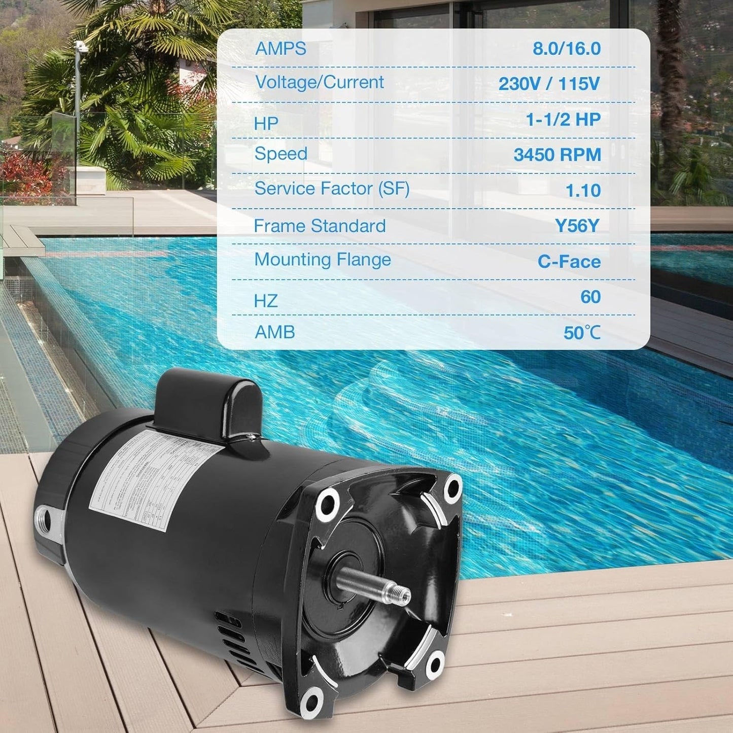 B2854 1.5hp Pool Pump Motor, 3450RPM, 115V/230V Dual Voltage, 56Y Frame Motor