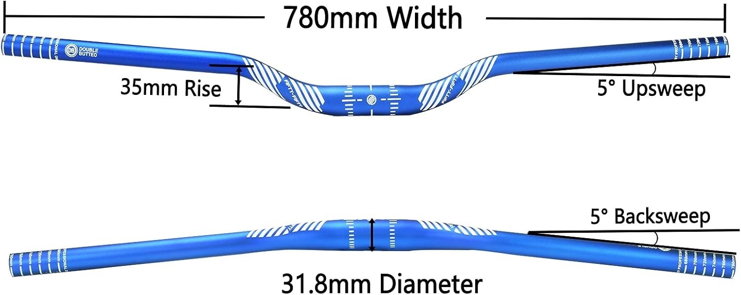 Mountain Bike Riser Handlebar Blue Aluminum Alloy MTB 31.8mm Diameter 780mm Wide