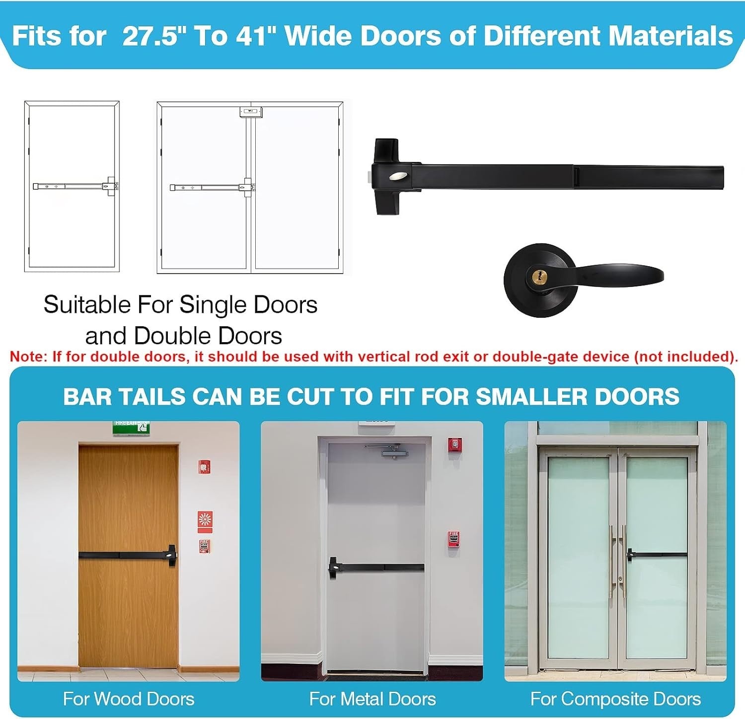 Panic Bar 27.5 Inch, Black Commercial Door Push Exit Device With Exterior Lever