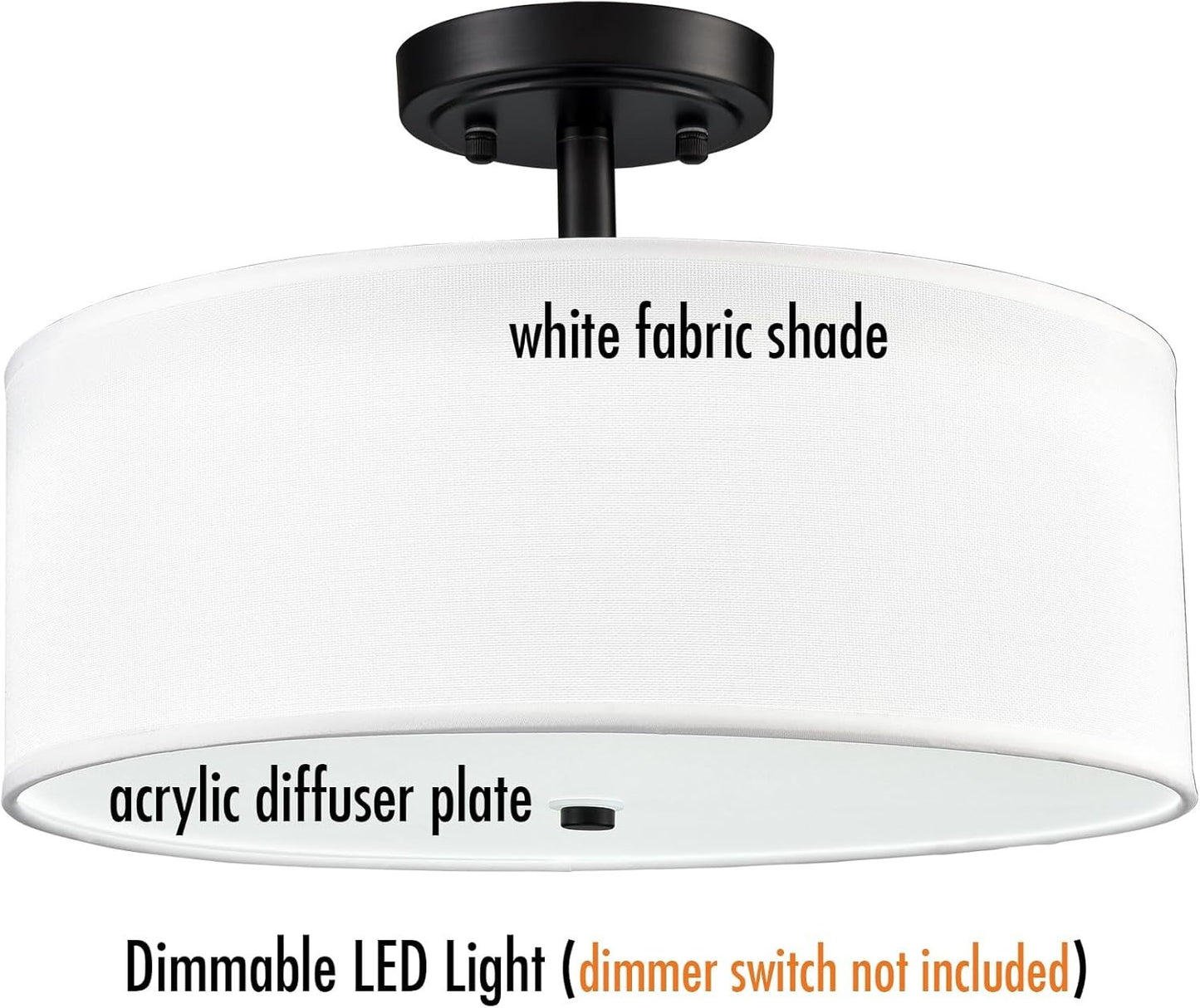 Dimmable Black Semi Flush Mount Ceiling Light 30W 3000K/4500K/5500K Drum Shade