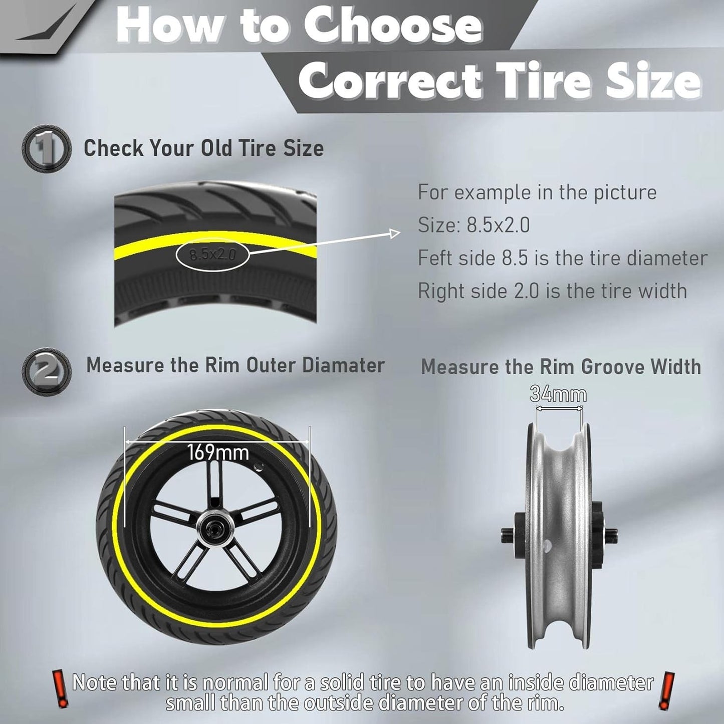 8.5x2.0 Solid Tire, 50/75-6.1 Scooter tire 8 1/2x2 Inch Replacement Tire,