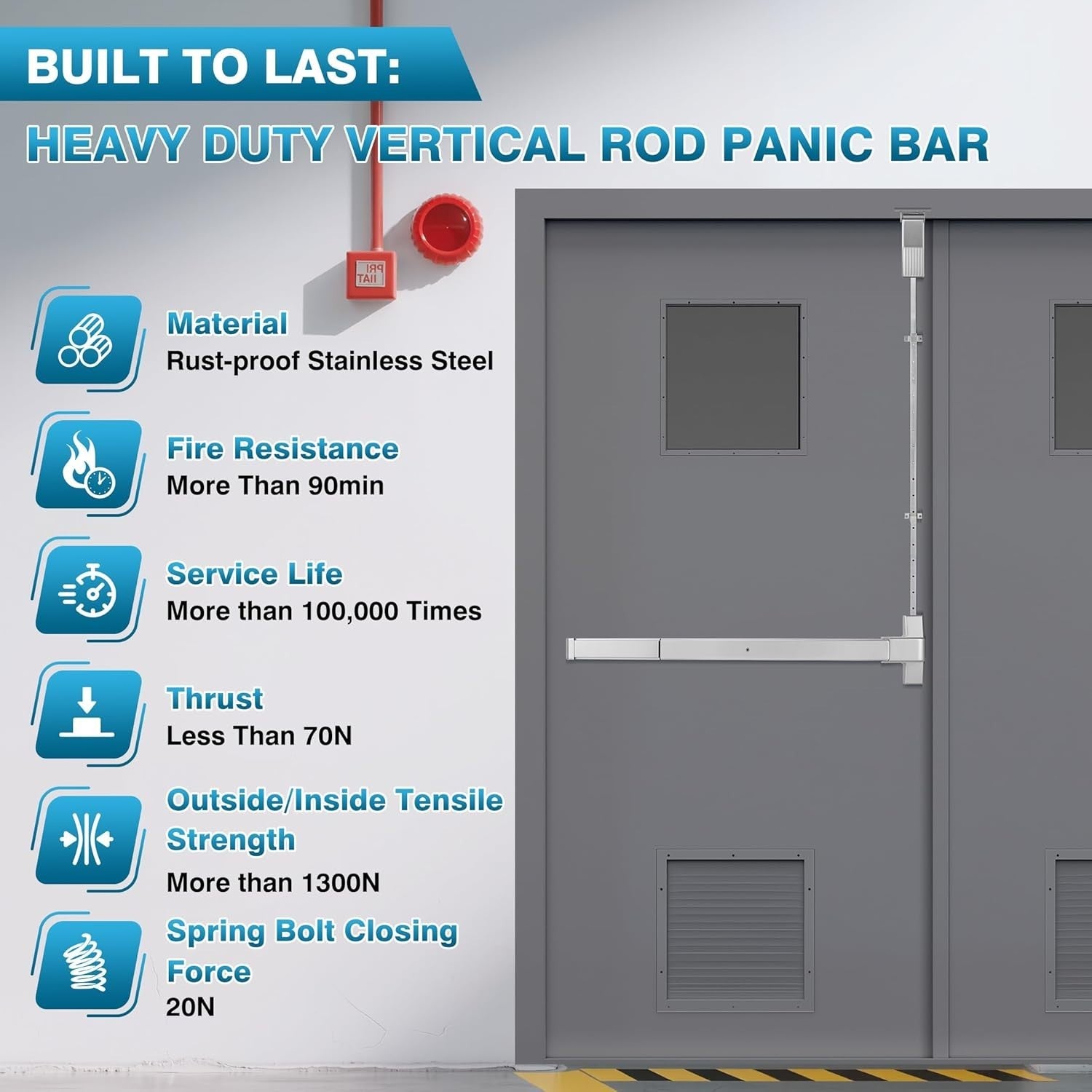 IRONWALLS Panic Bar Vertical Rod 32" Emergency Door Push Exit Device 32"-48”