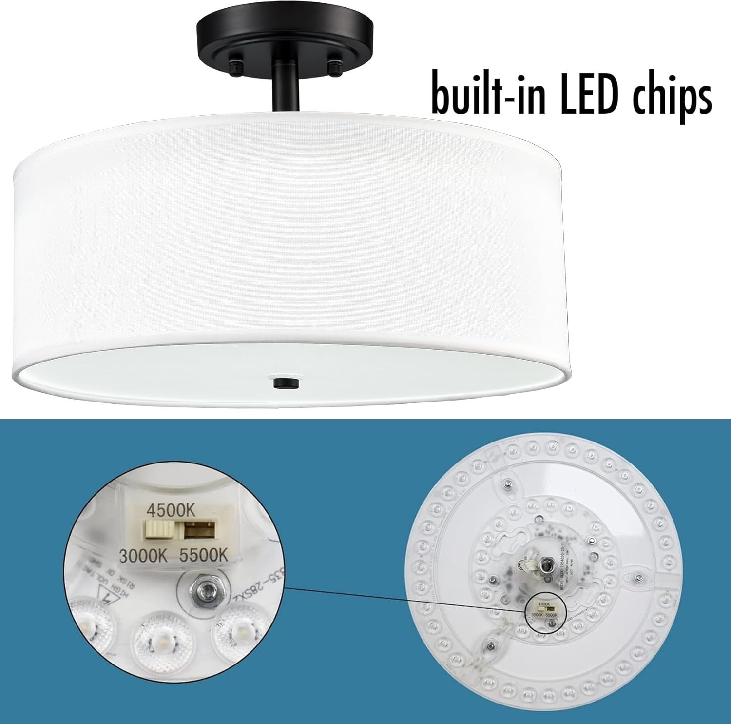 Dimmable Black Semi Flush Mount Ceiling Light 30W 3000K/4500K/5500K Drum Shade