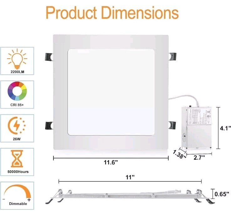 11 Inch Square Recessed Light: 3 Color Temperature & Dimmable 2200 Lumens