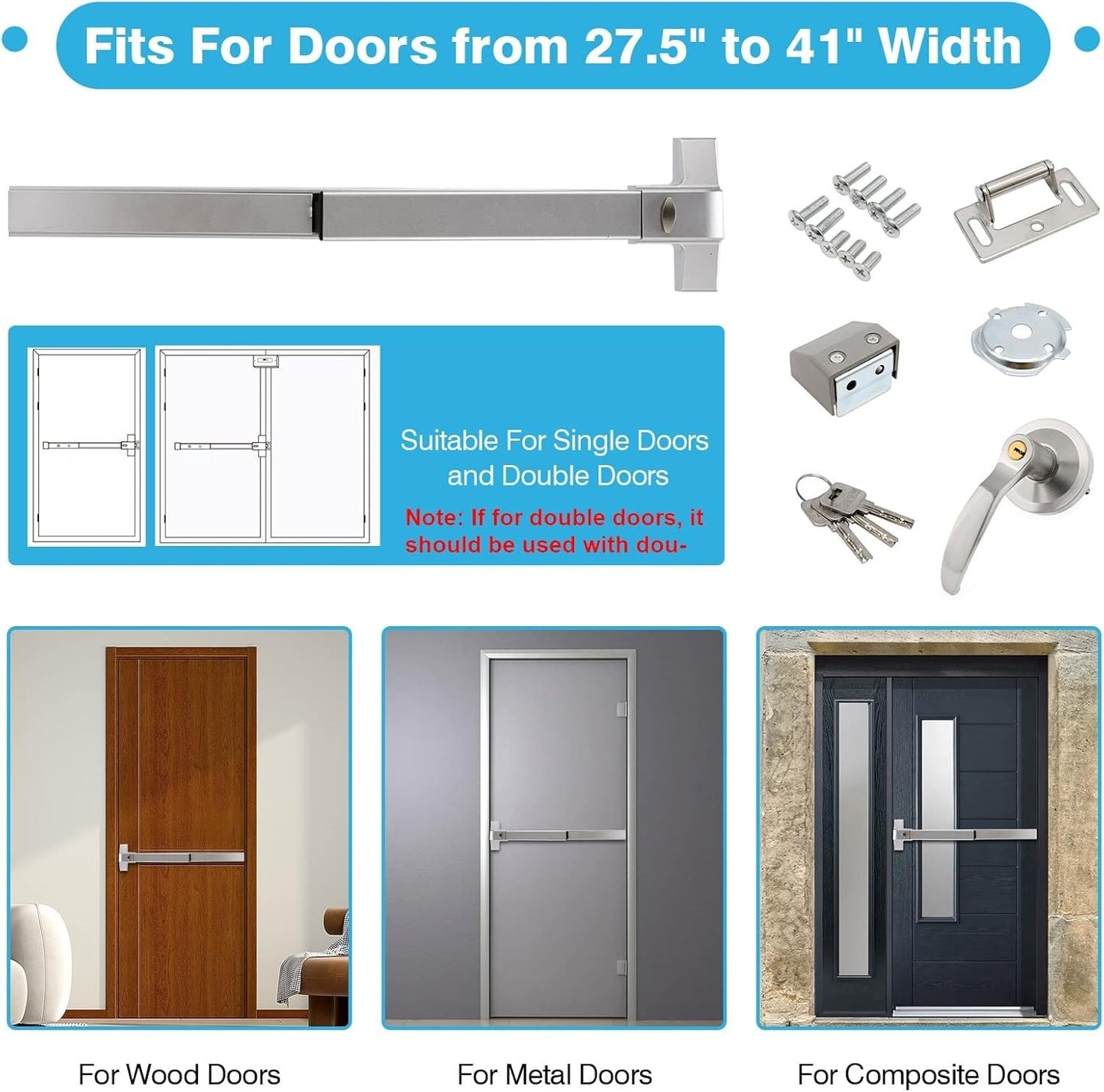 IRONWALLS Door Push Bar Panic Exit Device with Exterior Lever, 70cm/27.5” Stainl