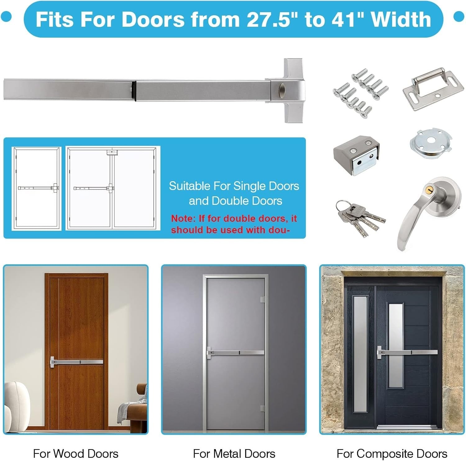 IRONWALLS Door Push Bar Panic Exit Device with Exterior Lever, 70cm/27.5” Stainl