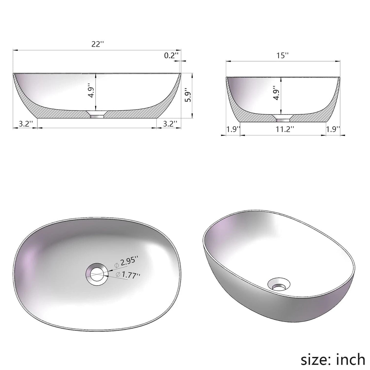 ARTSTONE 22 x 15 Inch Bathroom Vessel Sink and Pop Up Drain Combo Countertop ...