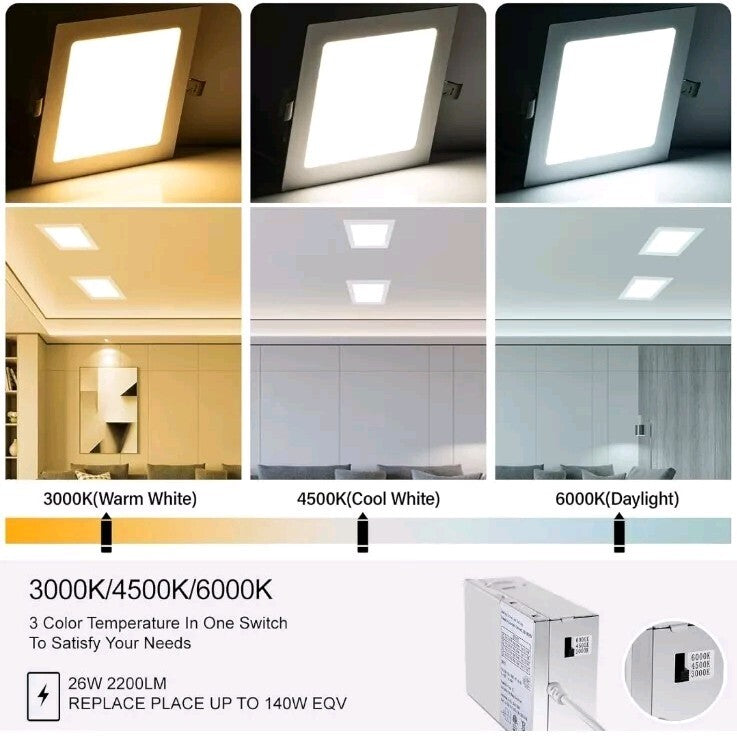 11 Inch Square Recessed Light: 3 Color Temperature & Dimmable 2200 Lumens
