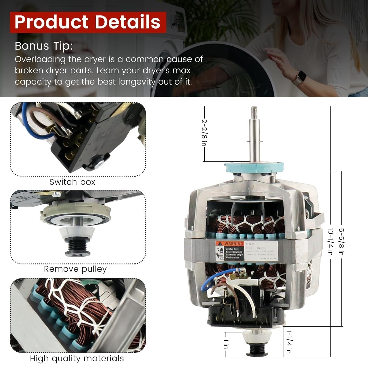 0EM 279827 Dryer Drive Motor with Pulley (Upgraded Blower Shaft Length)