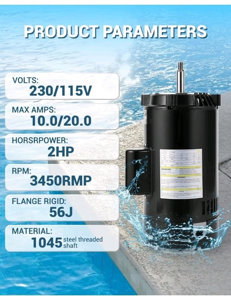 UST1202 2hp Pool Pump Motor, 3450RPM, 115/230V Round Flange, 56J Frame Pumps