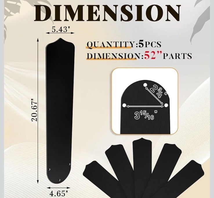 20” Ceiling Blades Fan Blades Replacement - Black, 52 inch (5-Pack)