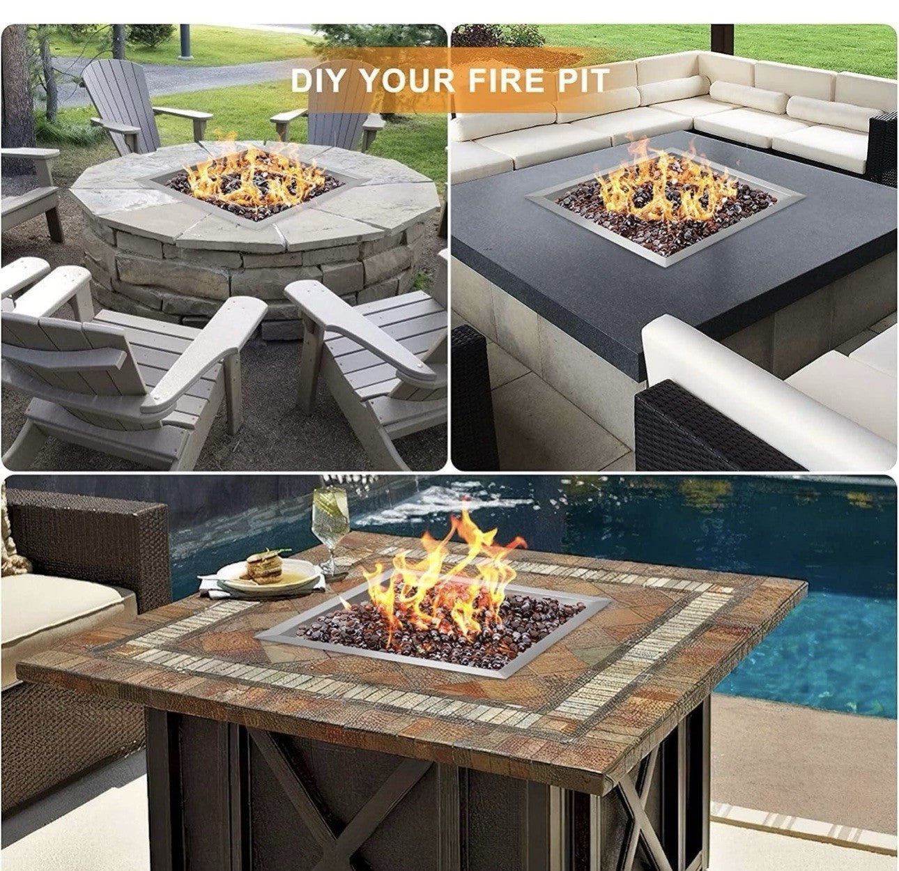 Only fire 24inch Stainless Steel Square Fire Pit Burner Double Ring propane