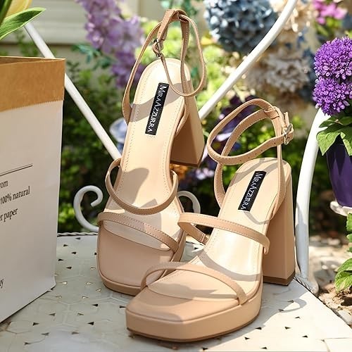 MIRAAZZURRA Platform Strappy Heel Sandals Square Open Toe Two Strap Heels SZ 8