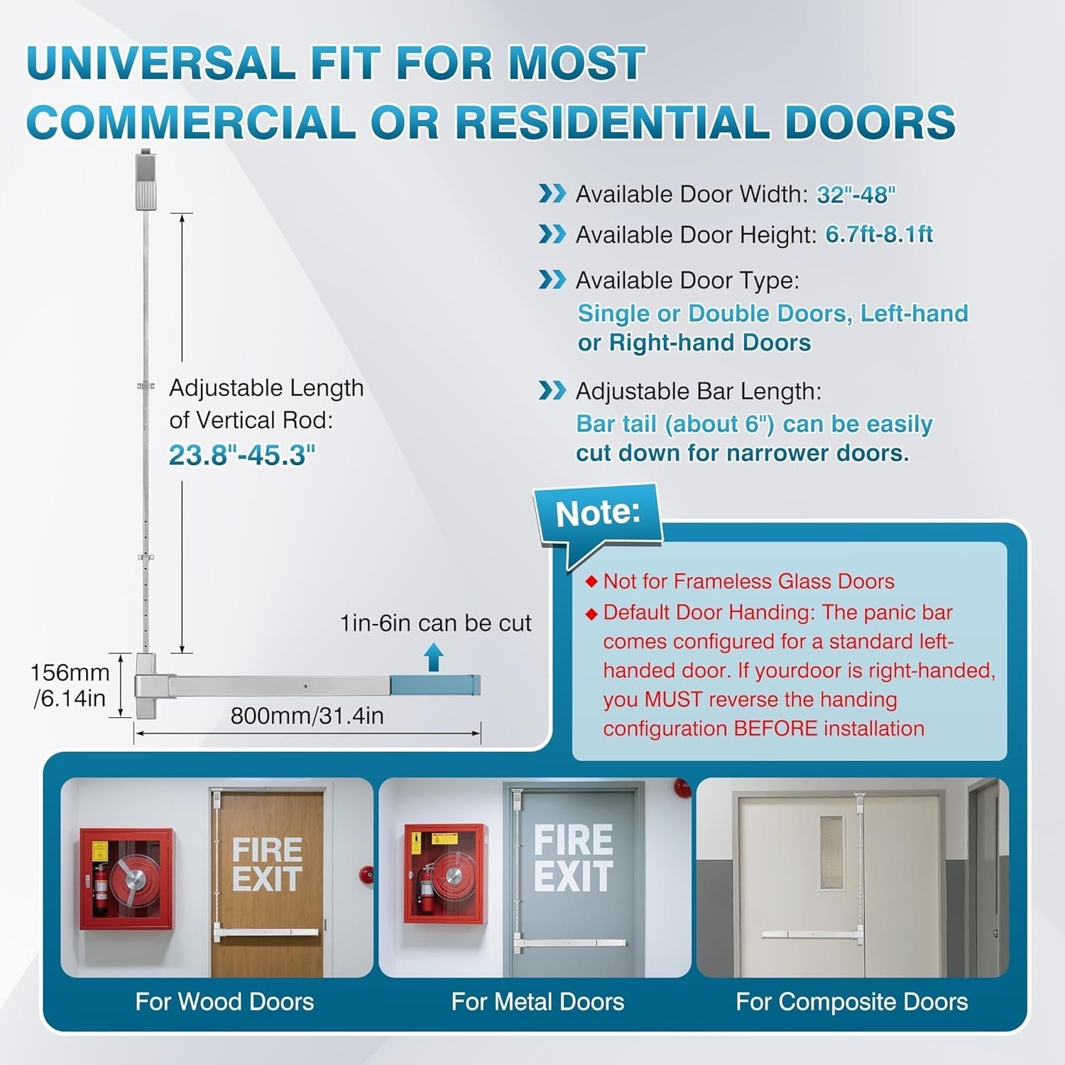 IRONWALLS Panic Bar Vertical Rod 32" Emergency Door Push Exit Device 32"-48”
