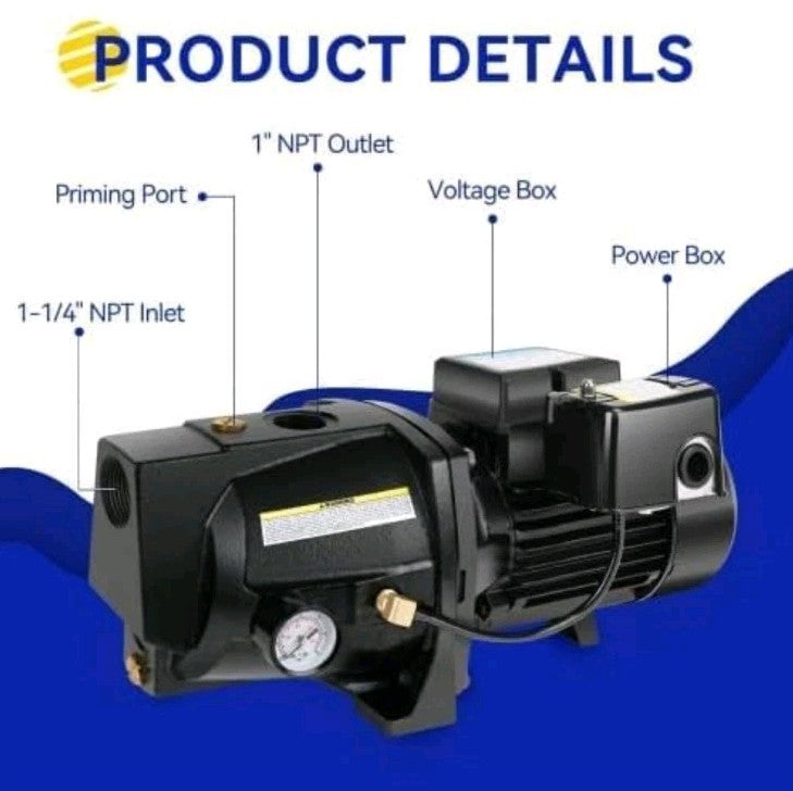 1HP Shallow Well Jet Pump,Cast Iron, Well Depth up to 25Ft, 115V/230V Dual Volta
