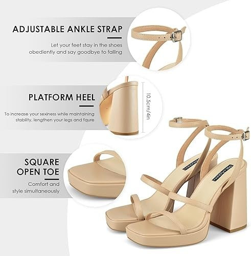 MIRAAZZURRA Platform Strappy Heel Sandals Square Open Toe Two Strap Heels SZ 8