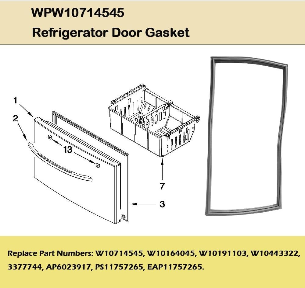 For Whirlpool WPW10714545 W10714545 Refrigerator Freezer Door Gasket