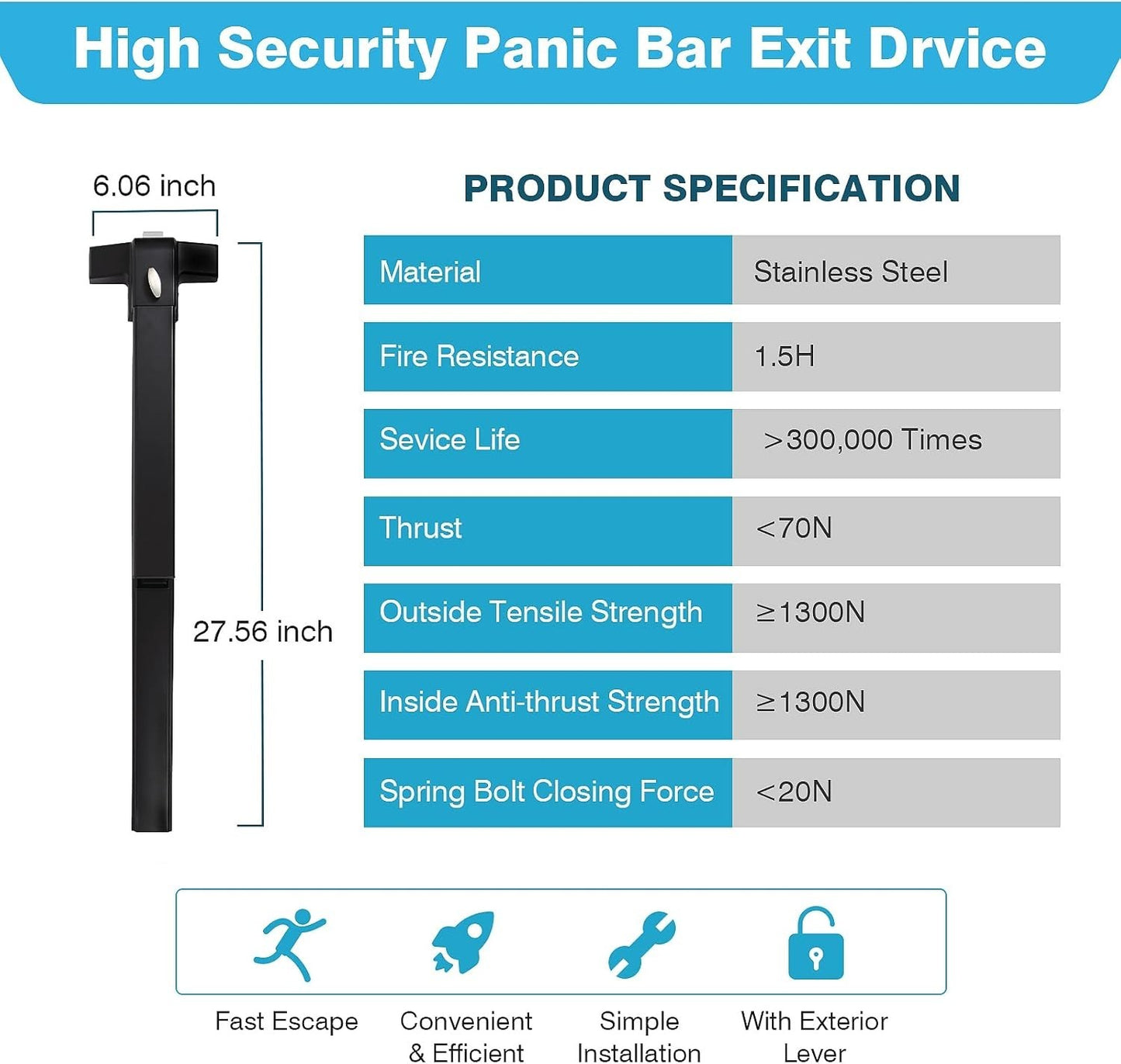 Panic Bar 27.5 Inch, Black Commercial Door Push Exit Device With Exterior Lever