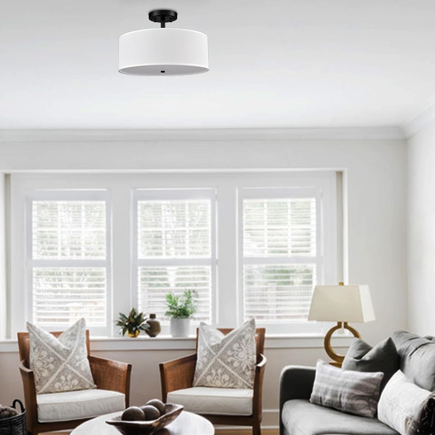 Dimmable Black Semi Flush Mount Ceiling Light 30W 3000K/4500K/5500K Drum Shade