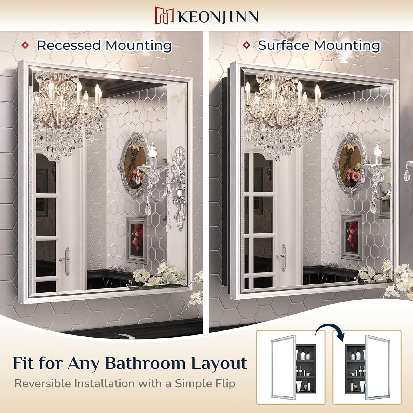 Keonjinn 17" x 25" Silver Bathroom Medicine Cabinets with Mirror
