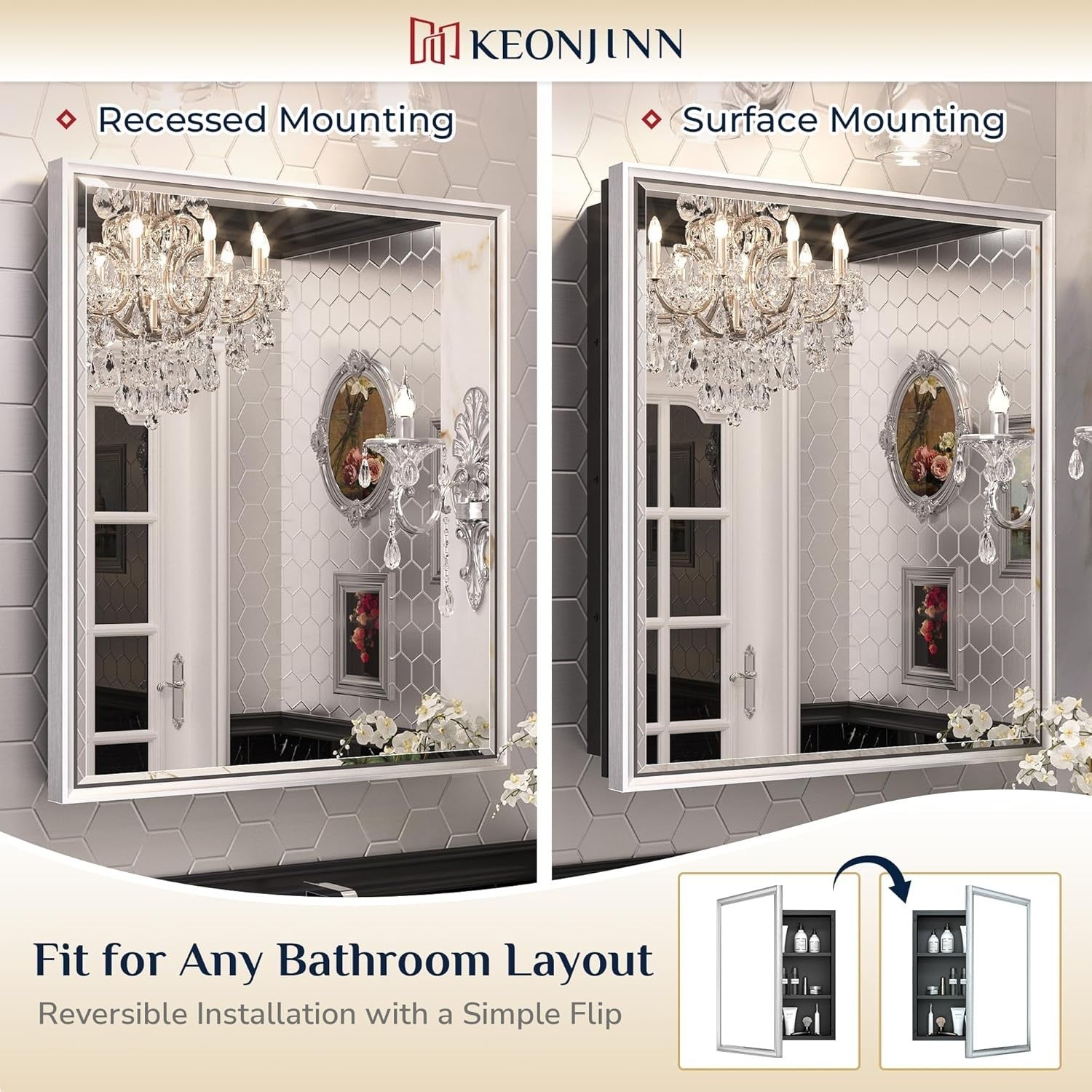 Keonjinn 17" x 25" Silver Bathroom Medicine Cabinets with Mirror