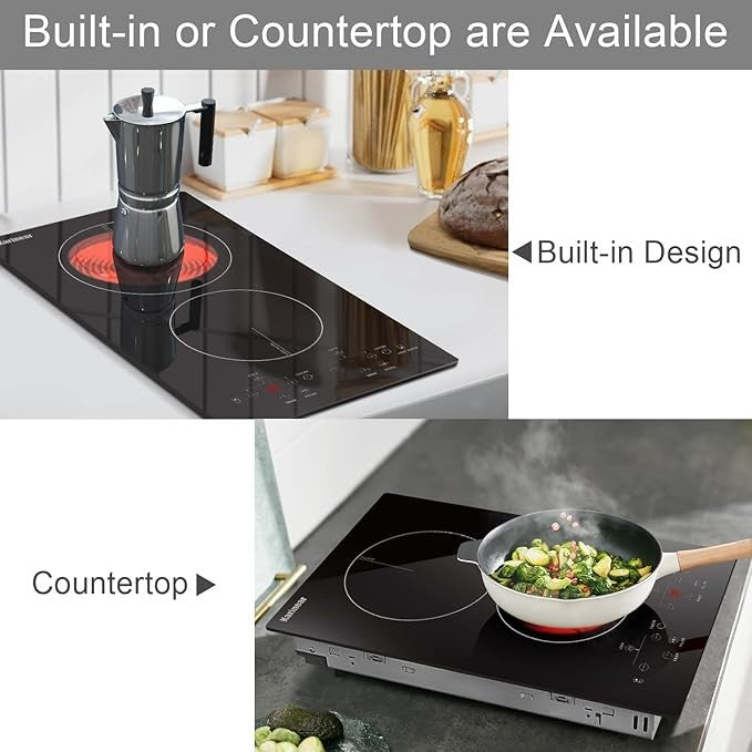 Karinear 2 Burners Electric Cooktop, 120v Plug in Ceramic Cooktop, 12 Inch Co...