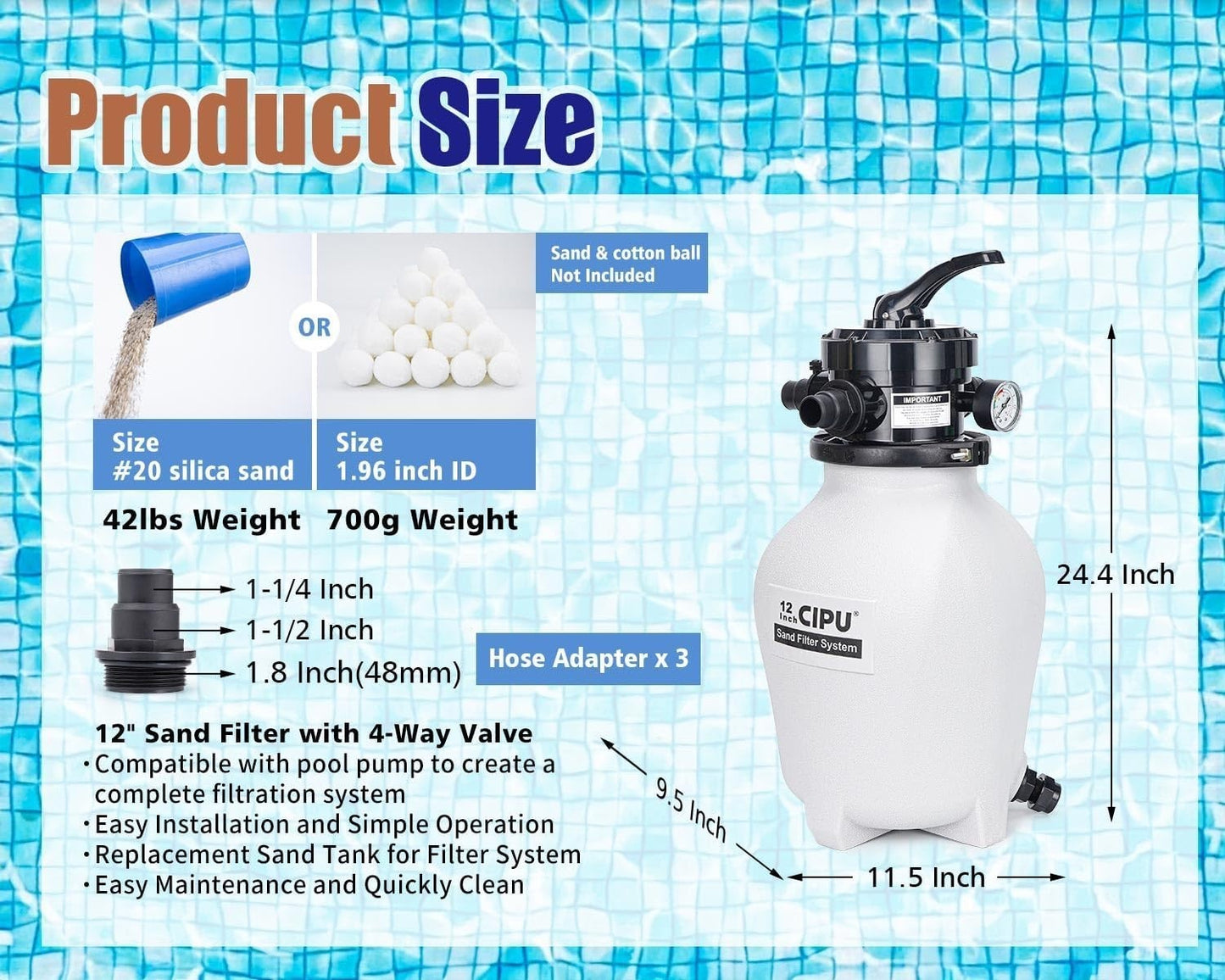 12-inch Sand Filter Pump System Handy 4-Way Valve for Above Ground Swimming Pool