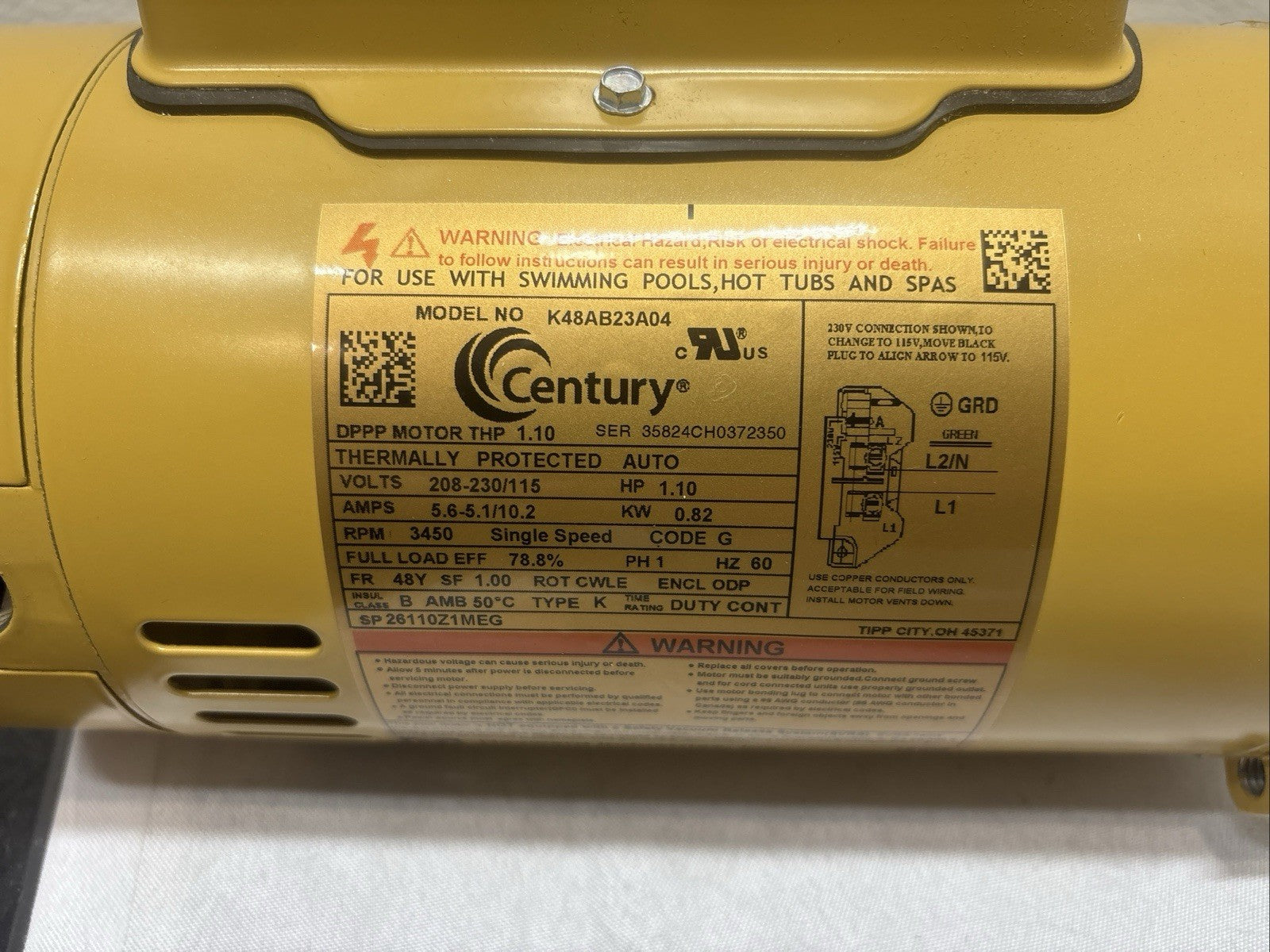 SPX1607Z1M Motor, Hayward Super/Super II/MaxFlo, 1.0hp, 115/230V, MaxRate