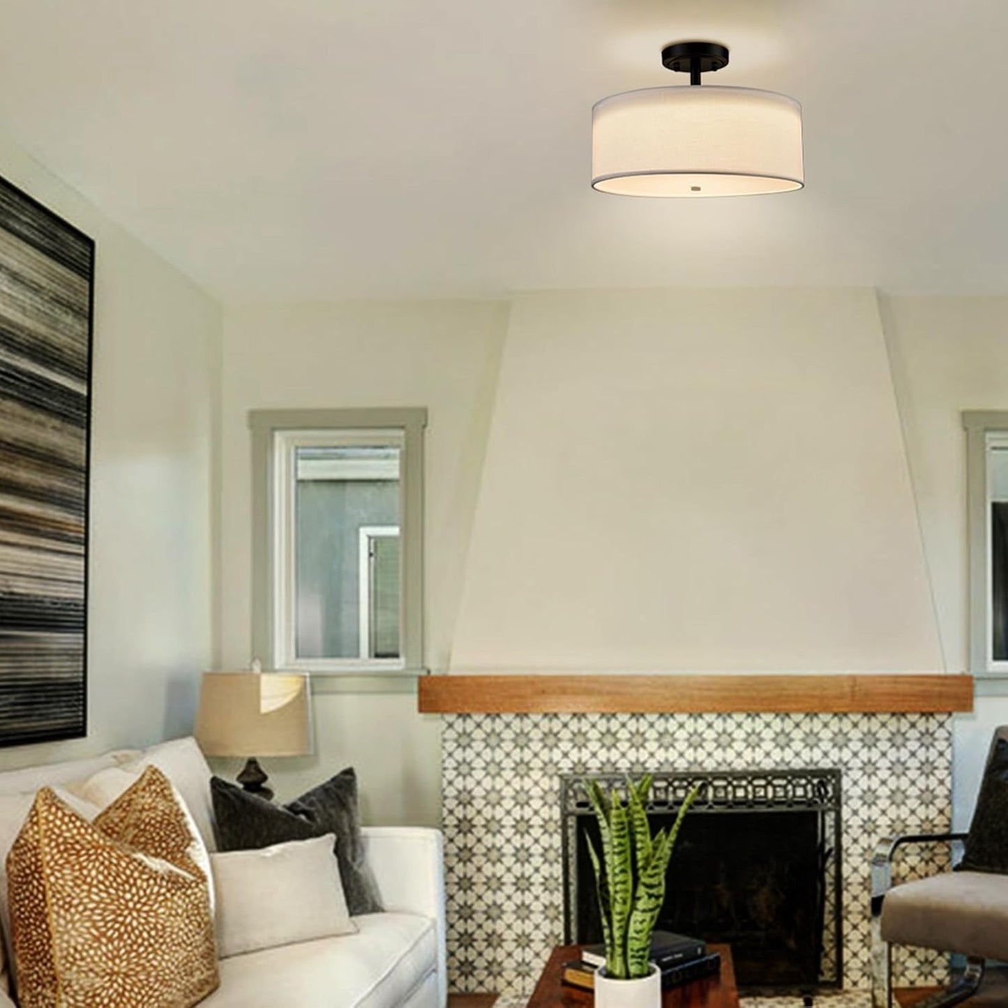 Dimmable Black Semi Flush Mount Ceiling Light 30W 3000K/4500K/5500K Drum Shade