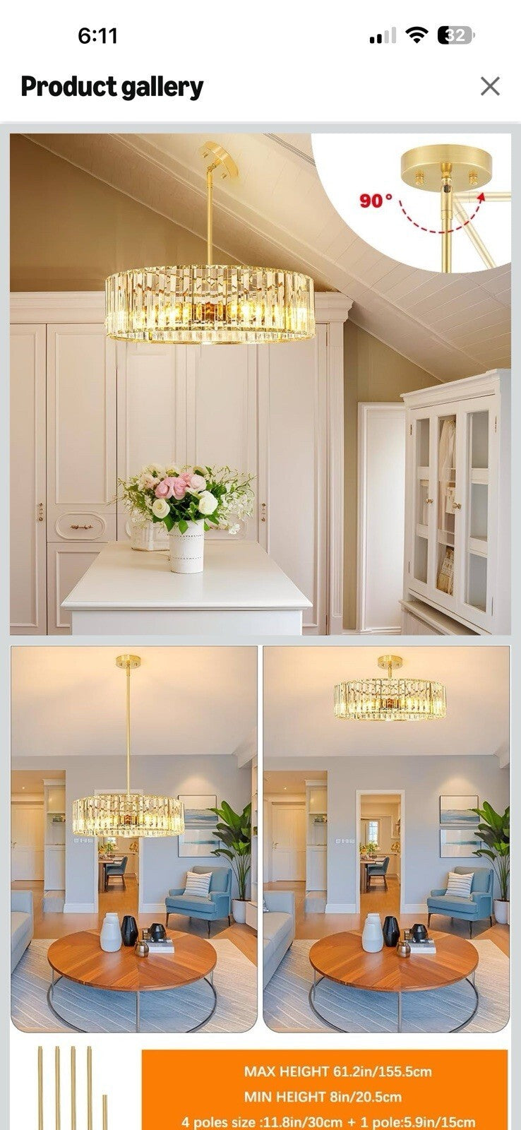 Gold Crystal Chandelier for Dining room, 6-Light Modern Semi Flush Mount Ceiling