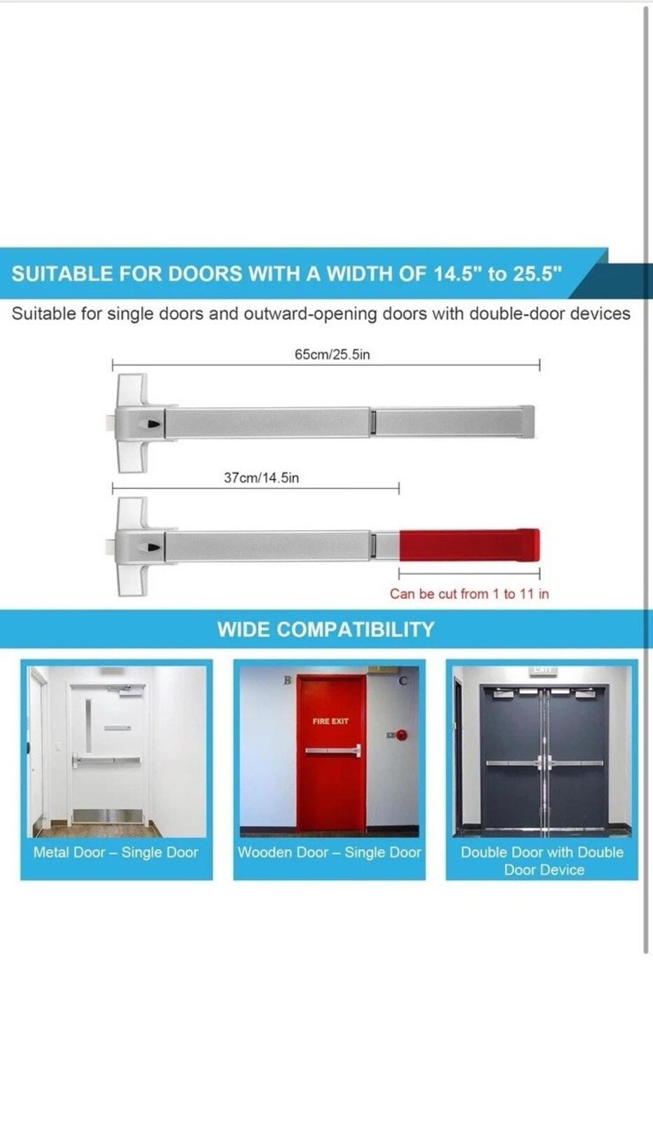 25.5" Panic Exit Device - Stainless Steel Push Bar Lock for Single/Double Doors,