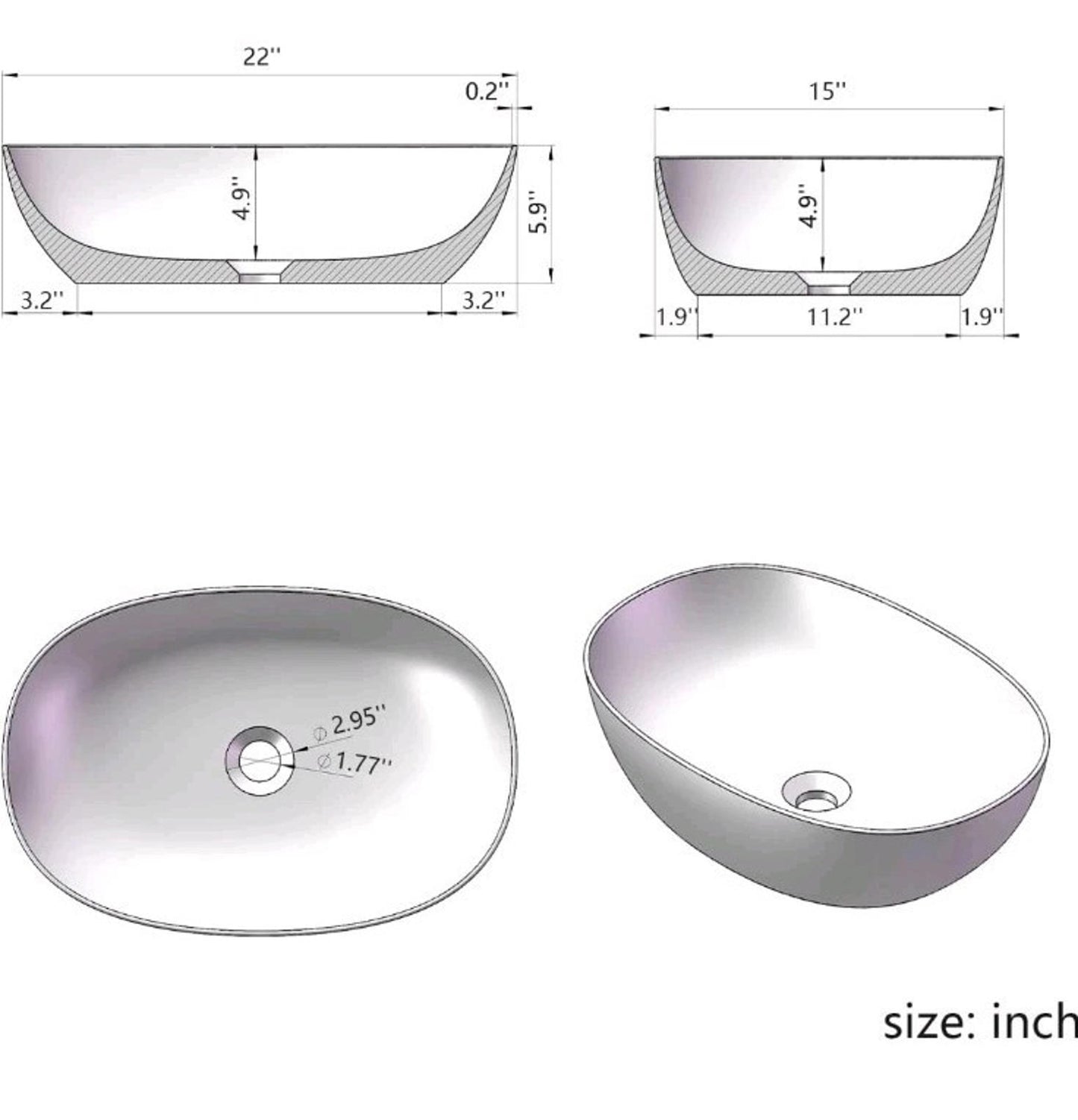 ARTSTONE 22 x 15" Bathroom Sink Pop Up Drain Combo Vessel Countertop Resin
