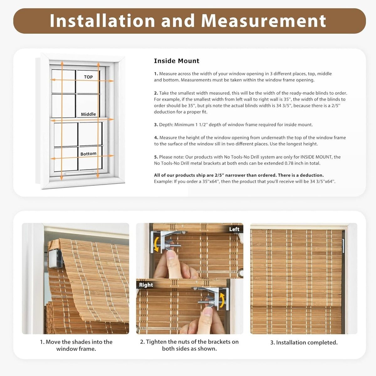LazBlinds 32 x 64 Cordless Bamboo Roman Shades,Privacy Window, No Drill, Natural