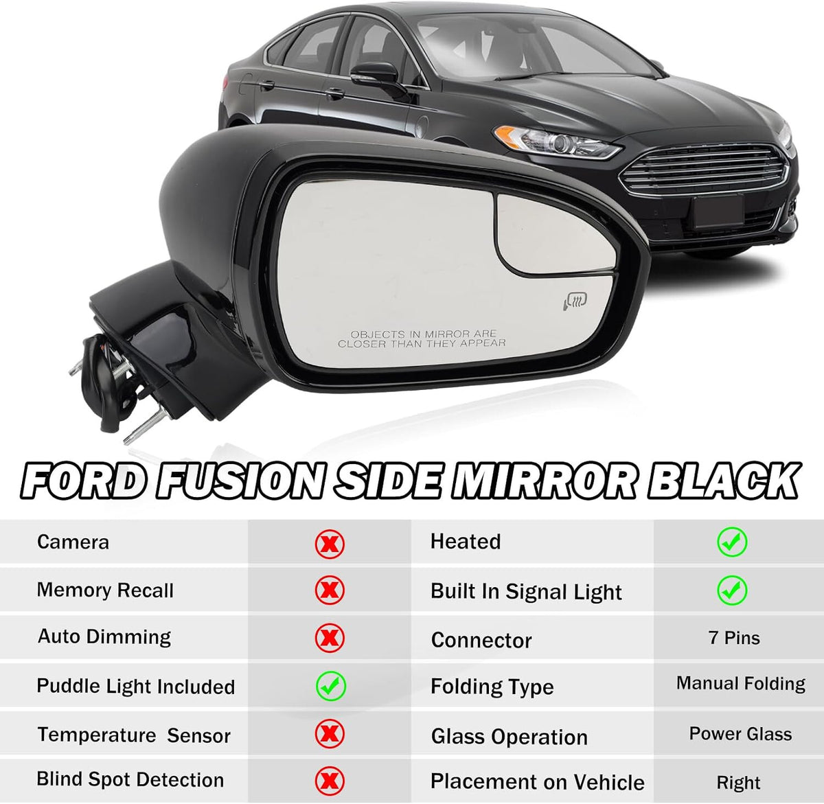 Passenger Side Mirror for 2013-2016 Ford Fusion Sedan S SE SE Hybrid 7Pins
