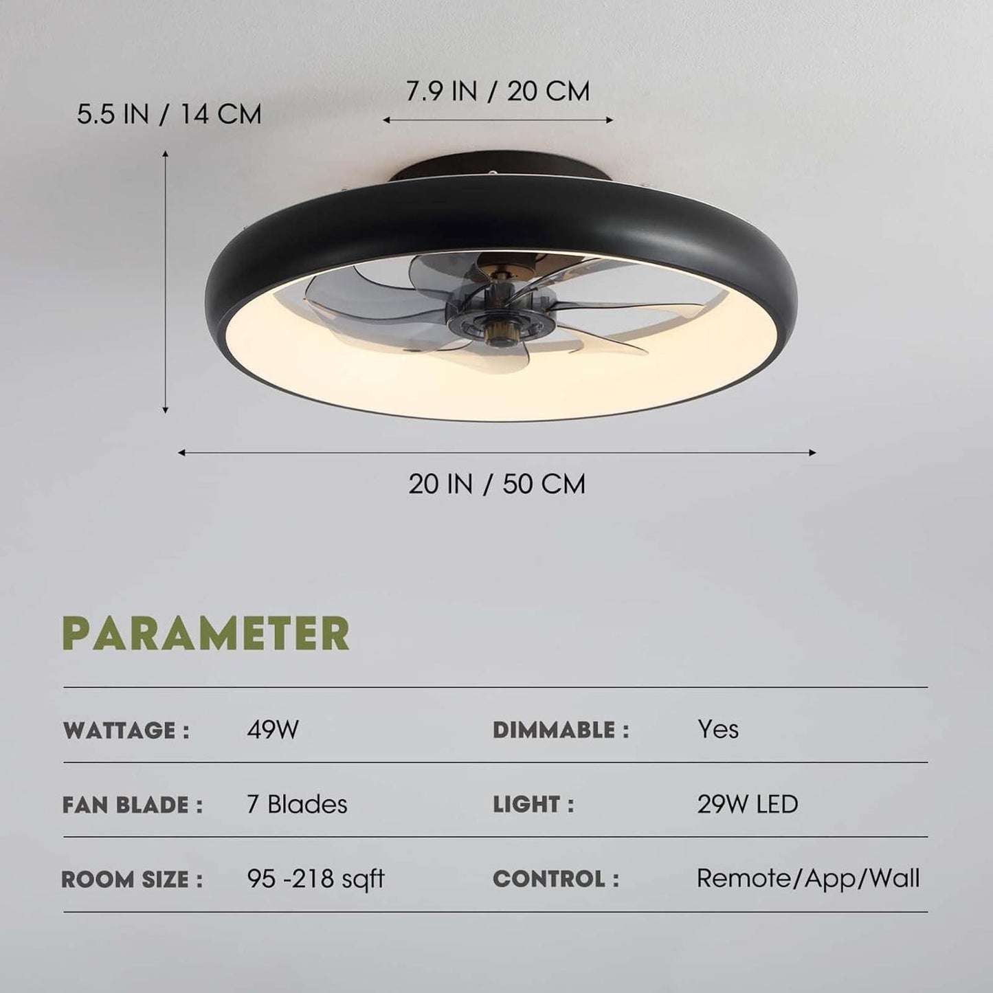 Ceiling Fans with Lights 20'' Flush Mount Fan Remote & APP Control Black