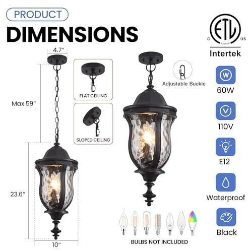 Large Outdoor Pendant Light Fixture 23.6'' Exterior Hanging 23.6 Inch Black