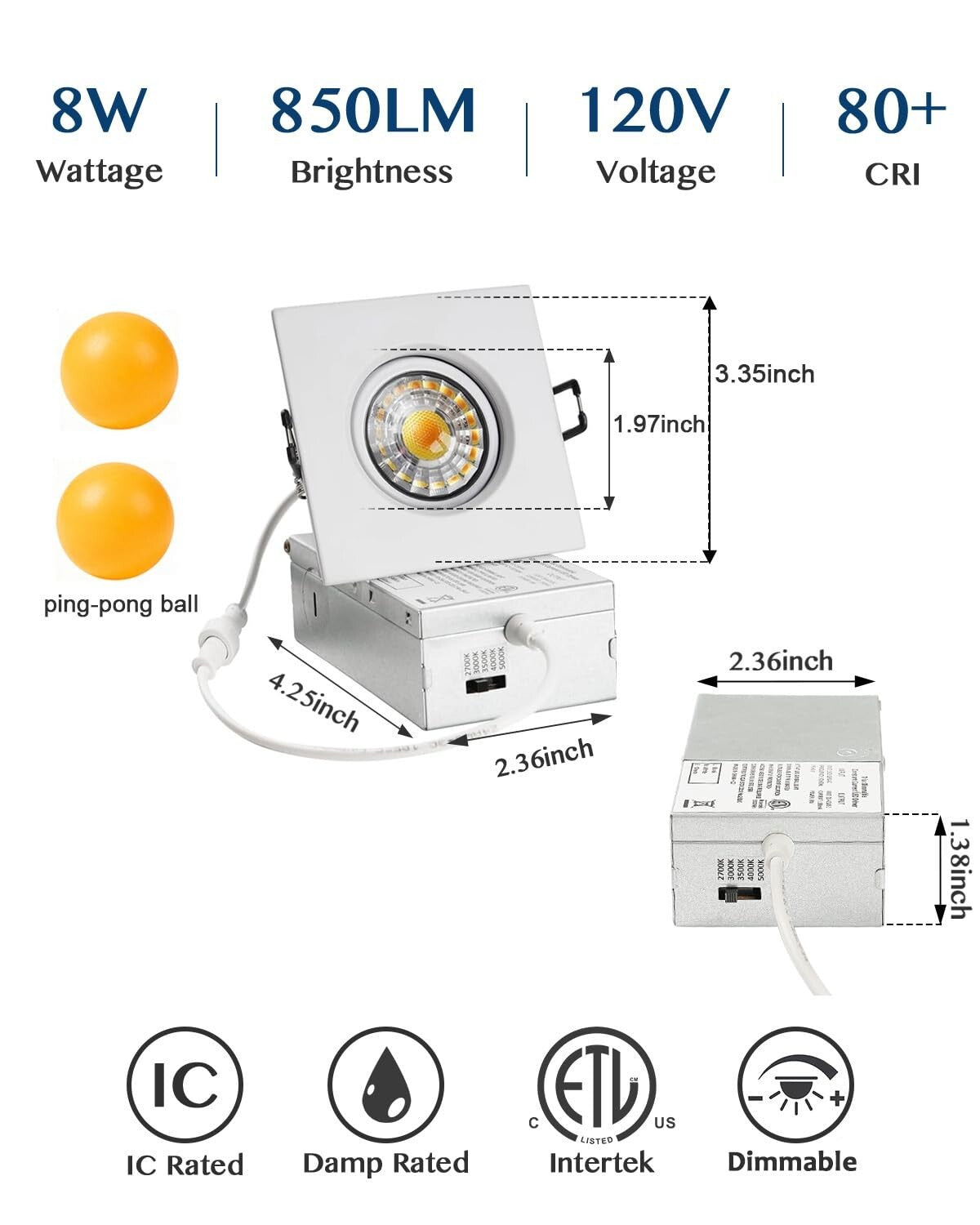 Wembanma 3 Inch 8W LED Gimbal Recessed Light 5CCT Selectable Gold Square 6Pack